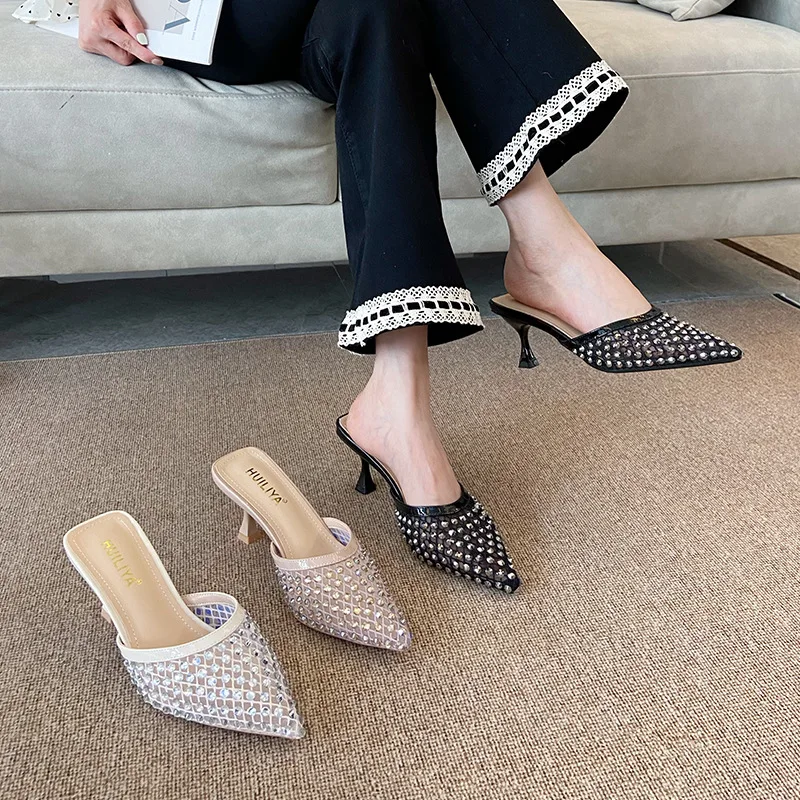 

Women Vintage Pointed High Heel Mule Sandals Rhinestone Embellished Hollow Out Slip On Shoes