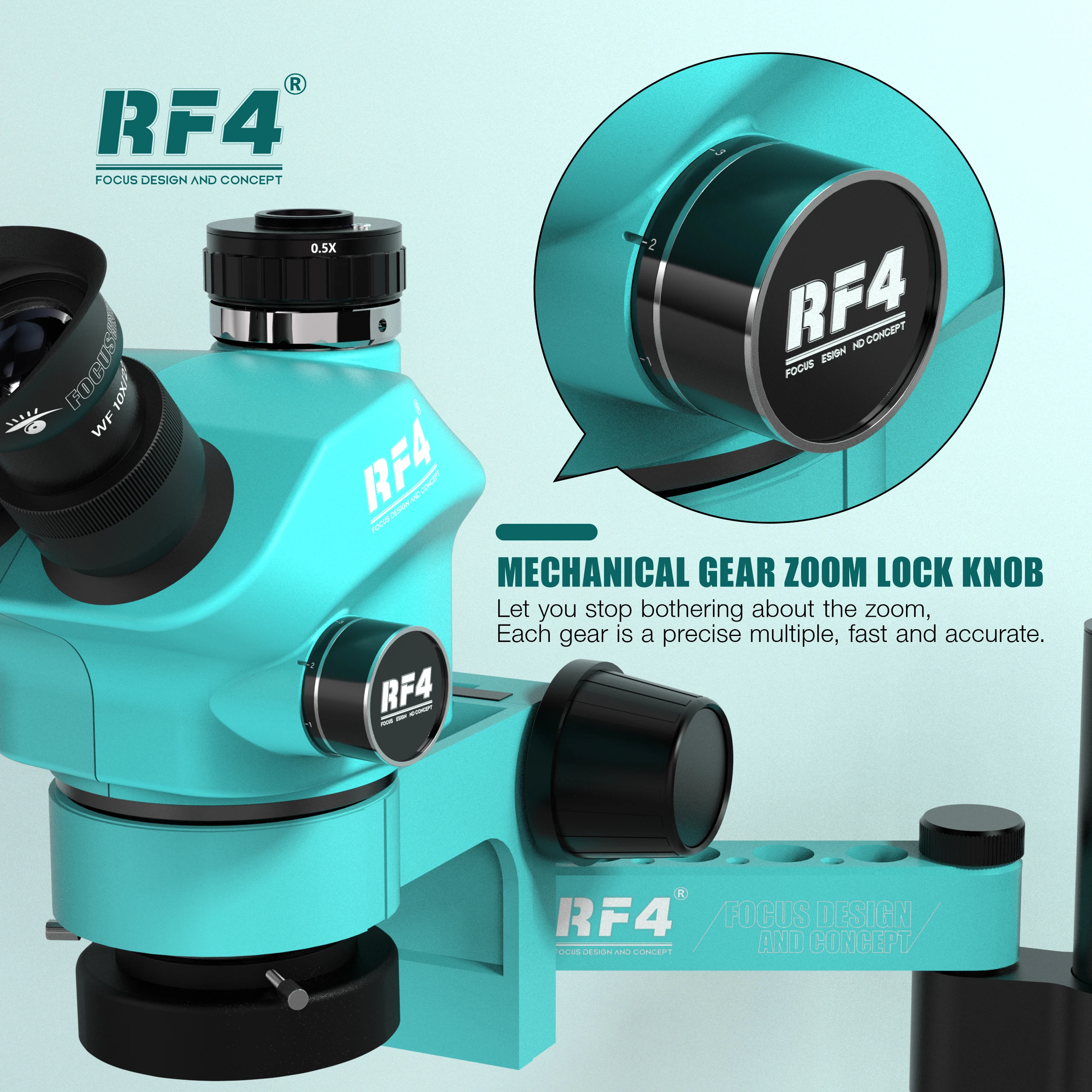 RF4 6 Speed Precise Locking Magnification Zoom ，360 ° Rotation Adjustable Swing Arm Universal Stereo Microscope RF7050TVPRO-F019