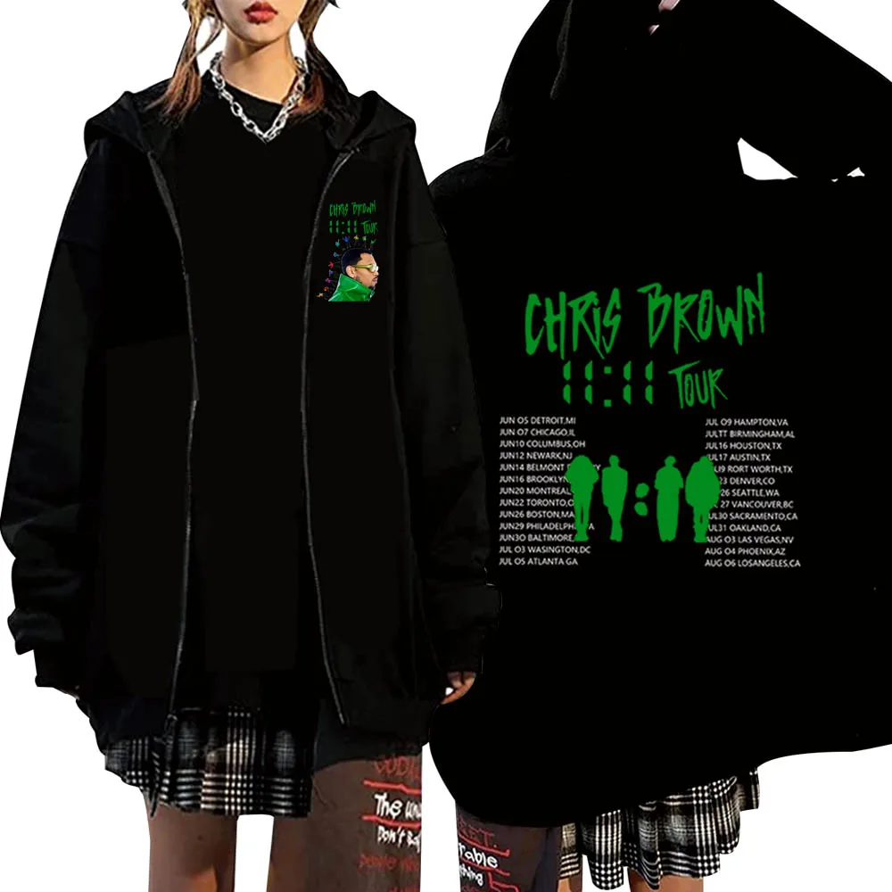 Chris Brown 11:11 Tour 2024 Zipper Graphic Men Women Sweatshirt  Hoodie Long Sleeve Coat Y2K Clothes