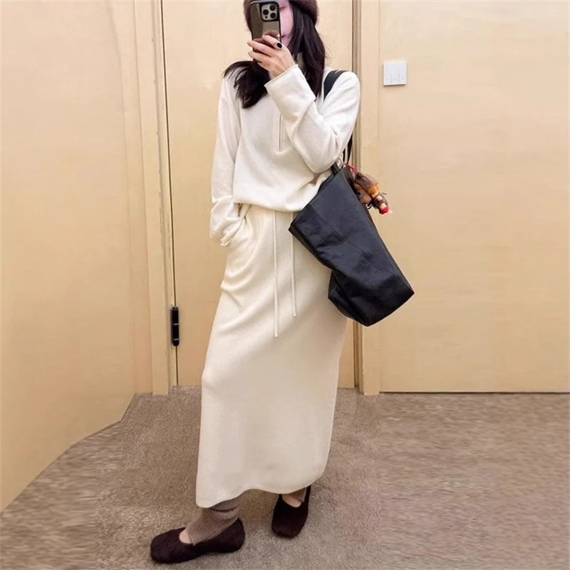 Spring Autumn Knitted Bust Skirt Suit Women Long Sleeves Half-zip Tops+high Waist Loose Straight Bust Skirt Female Two Piece Set