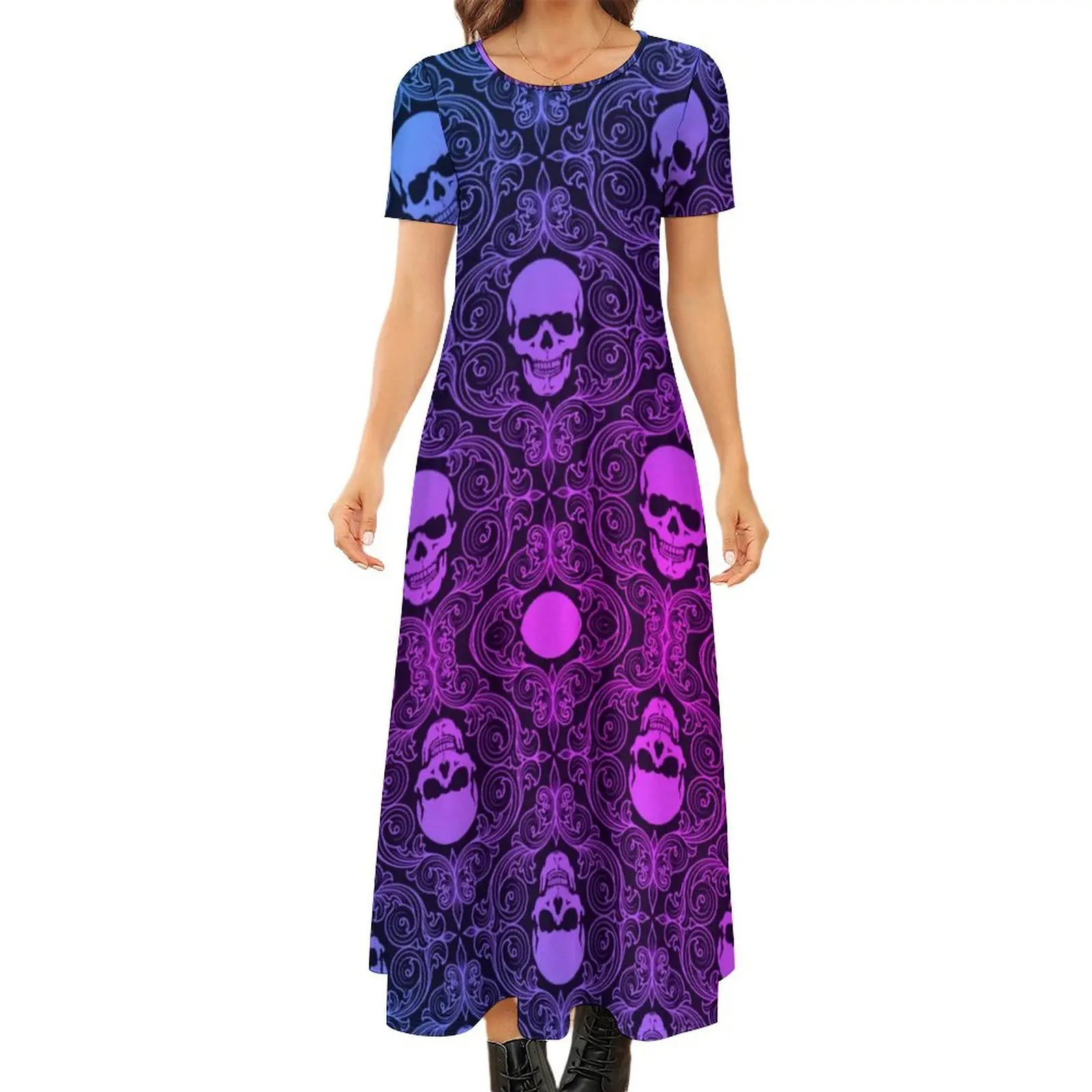 Abstract Skull Print Dress Retro Halloween Aesthetic Bohemia Long Dresses Woman Cute Maxi Dress Big Size 6XL 7XL