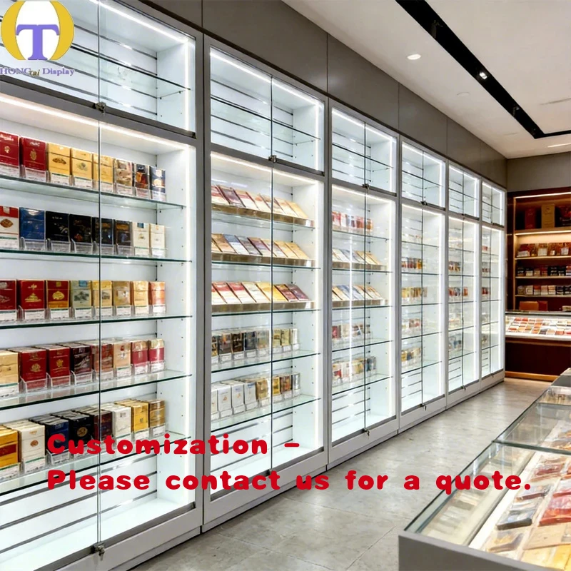 custom.White High Glossy Eco-Friendly Heavy Duty Retail Counter Showcase Internal LED Lights Security Lock Smoke Boutique Sh