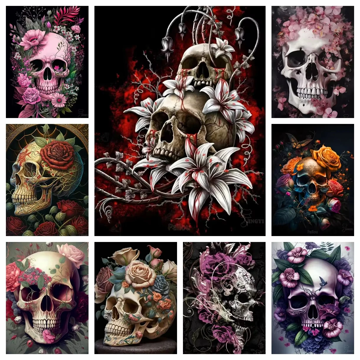 Oil Painting By Numbers Halloween Sugar Skull Mexican Day of the Dead Skeleton Rose DIY Canvas Wall Art Home Decor