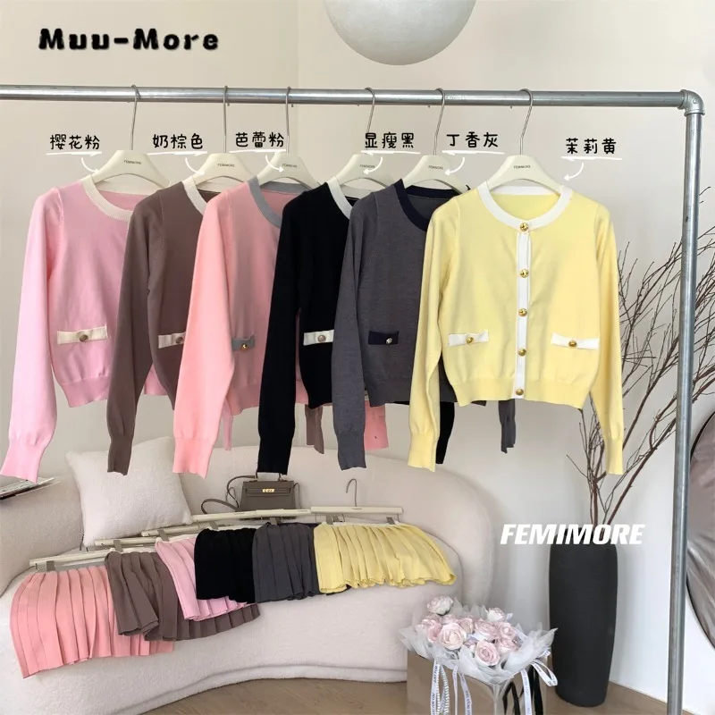 Korean Skirt Suit 2023 Fall Two Piece Set Women Crewneck Single Breasted Cardigan Pleated Mini Skirts Knitting Skirt Outfit