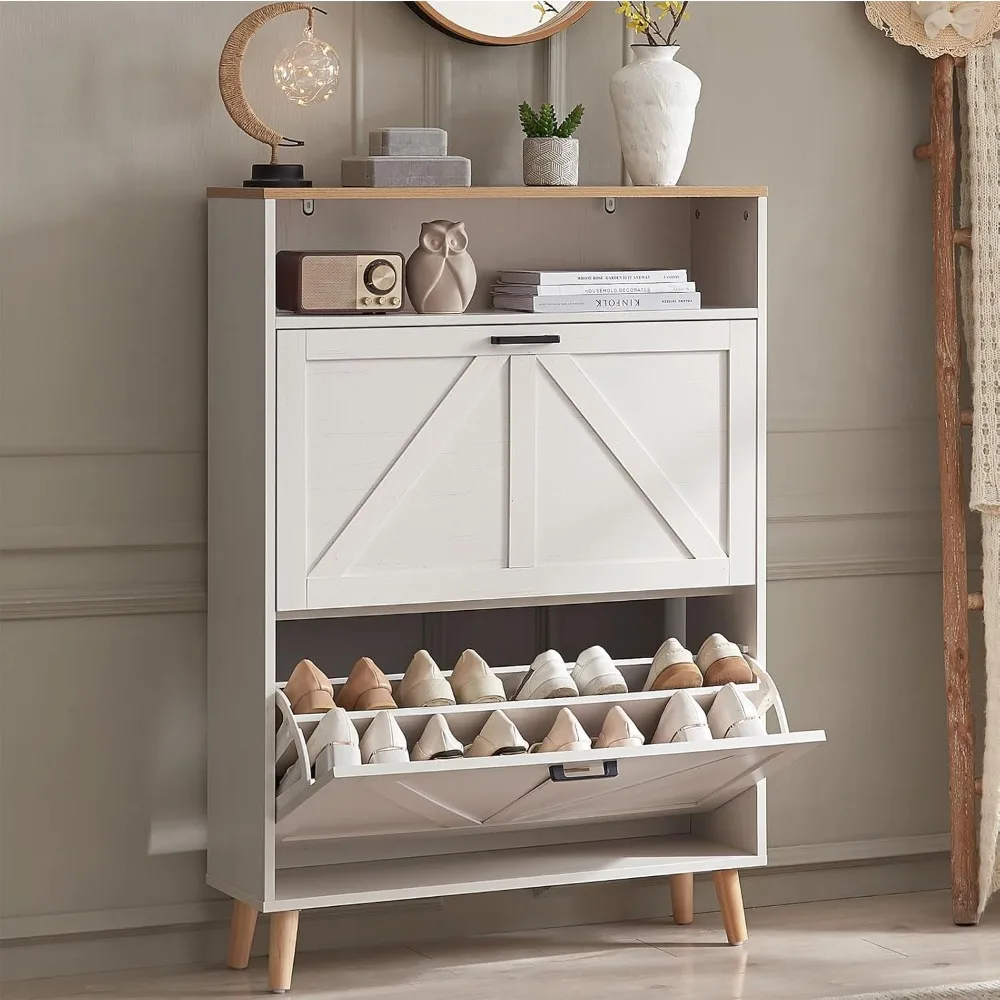 

With 2 Flip Drawers - Farmhouse Slim Storage for Shoes With Door, Freestanding Hidden Organizer, Narrow Rack for Entrywa