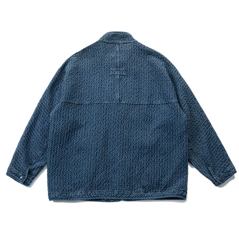 Japanese Spring Autumn Style Men's Washed and Worn Imitating Kendo Fabric Standing Collar Blue Jacket Women's Coat