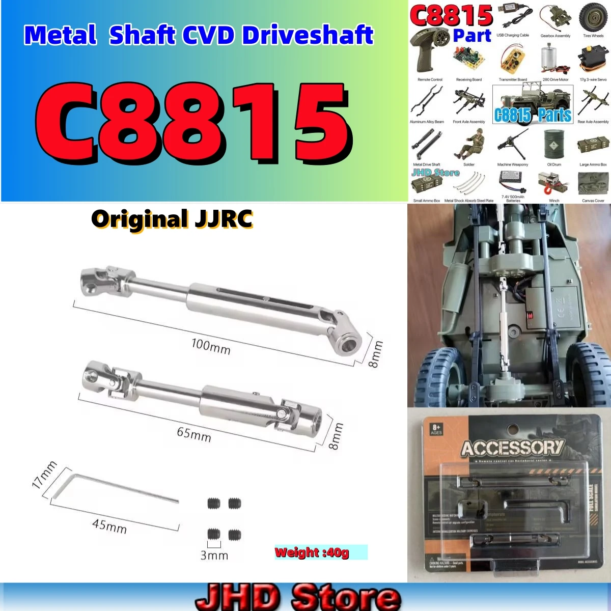 Jhd para jjrc c8815 original, peças de atualização de metal cvd, eixo de acionamento para willys jeep 1:10 rc, peças de atualização de carro, acessórios