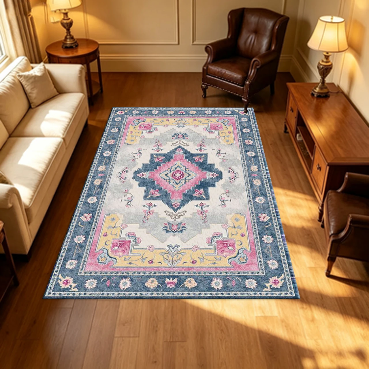 Vintage Bohemian Medallion Carpet Flooring Pink Yellow Blue Multi‑Border Household Living Space Indoor Large Decor Area Rug