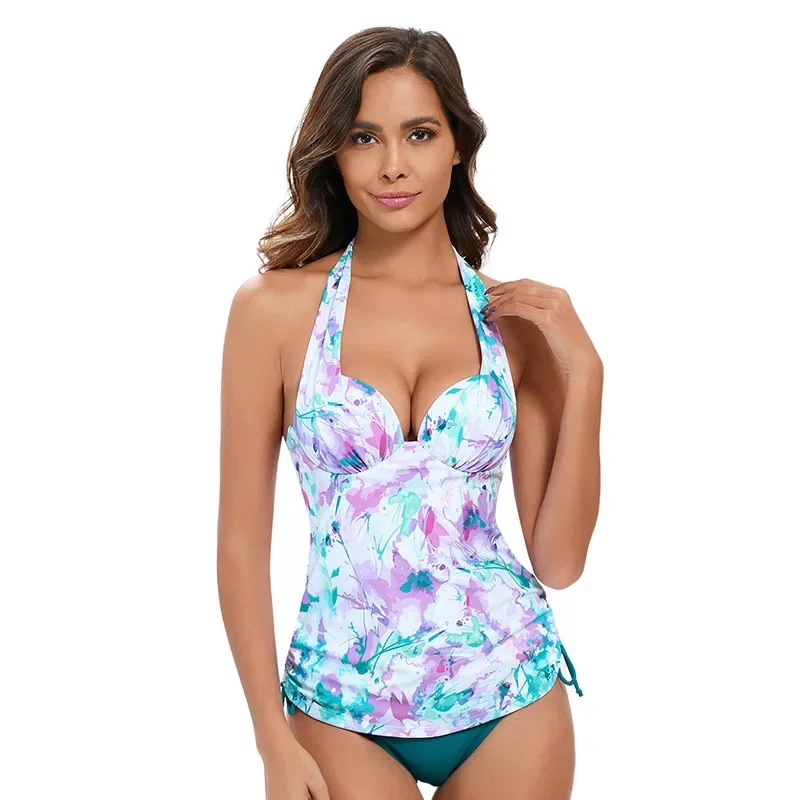 2025 Set bikini Costume da bagno tankini in due pezzi alla moda da donna con scollo all'americana e design sexy senza schienale