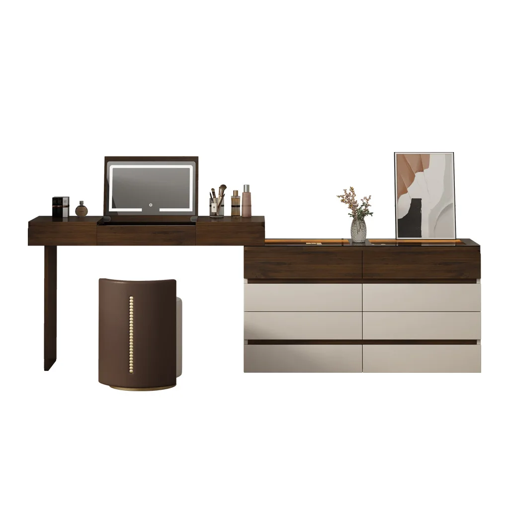 Luxury Makeup Vanity Desk with Flip 3 Light Solid Wood Vanity Desk with Mirror Dressing Table Storage Set 6 Drawers Space-Save