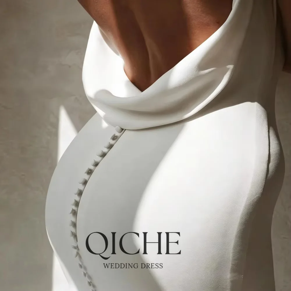 QICHE Sexy Mermaid Wedding Dress V-Neck Open Back Boho Wedding Gowns Plain Long Train Buttons Beach Bridal Dress Customized