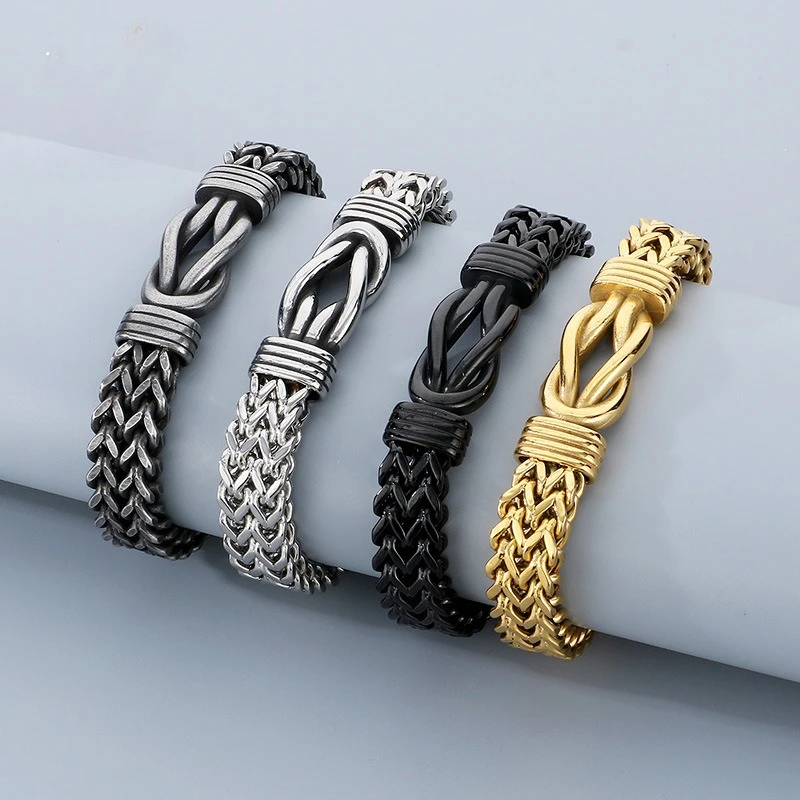 Vintage Rope Knot Charm Bracelet Men Punk Stainless Steel Double Row Chain Magnetic Clasp Meash Bangle Motorcycle Party Jewelry