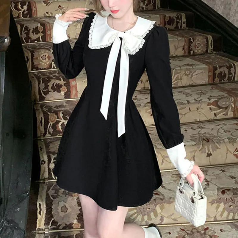 Aura Stylish Bow Mini Dress Female Clothing French Style Doll Collar Spring Autumn New Lace Spliced Elegant A-Line Sweet Dresses