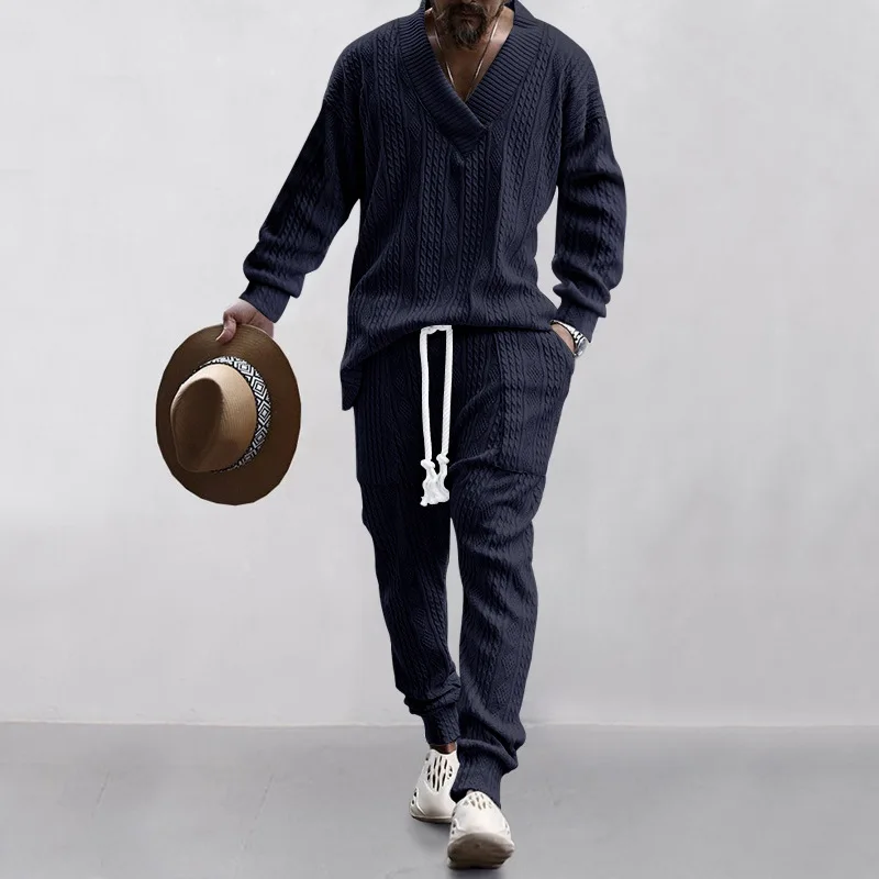 Mens Casual Knitting Two Piece Sets 2026 New Winter Fashion Irregular Top Sweater and Solid White Sweatpants Male Tracksuits Set