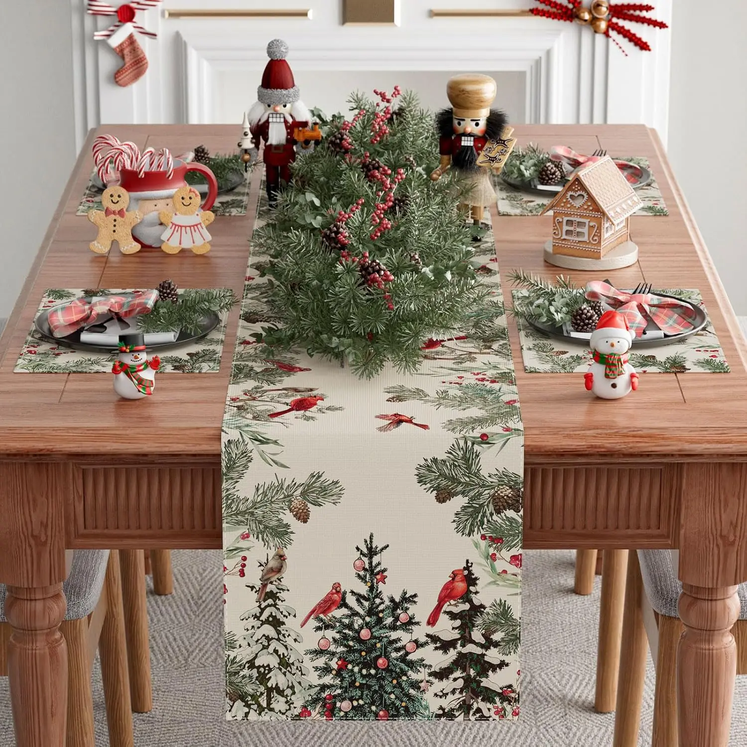 Christmas Tree Birds Pine Needle Linen Table Runner Party Decor Winter Xmas Kitchen Dining Table Runners Christmas Decorations