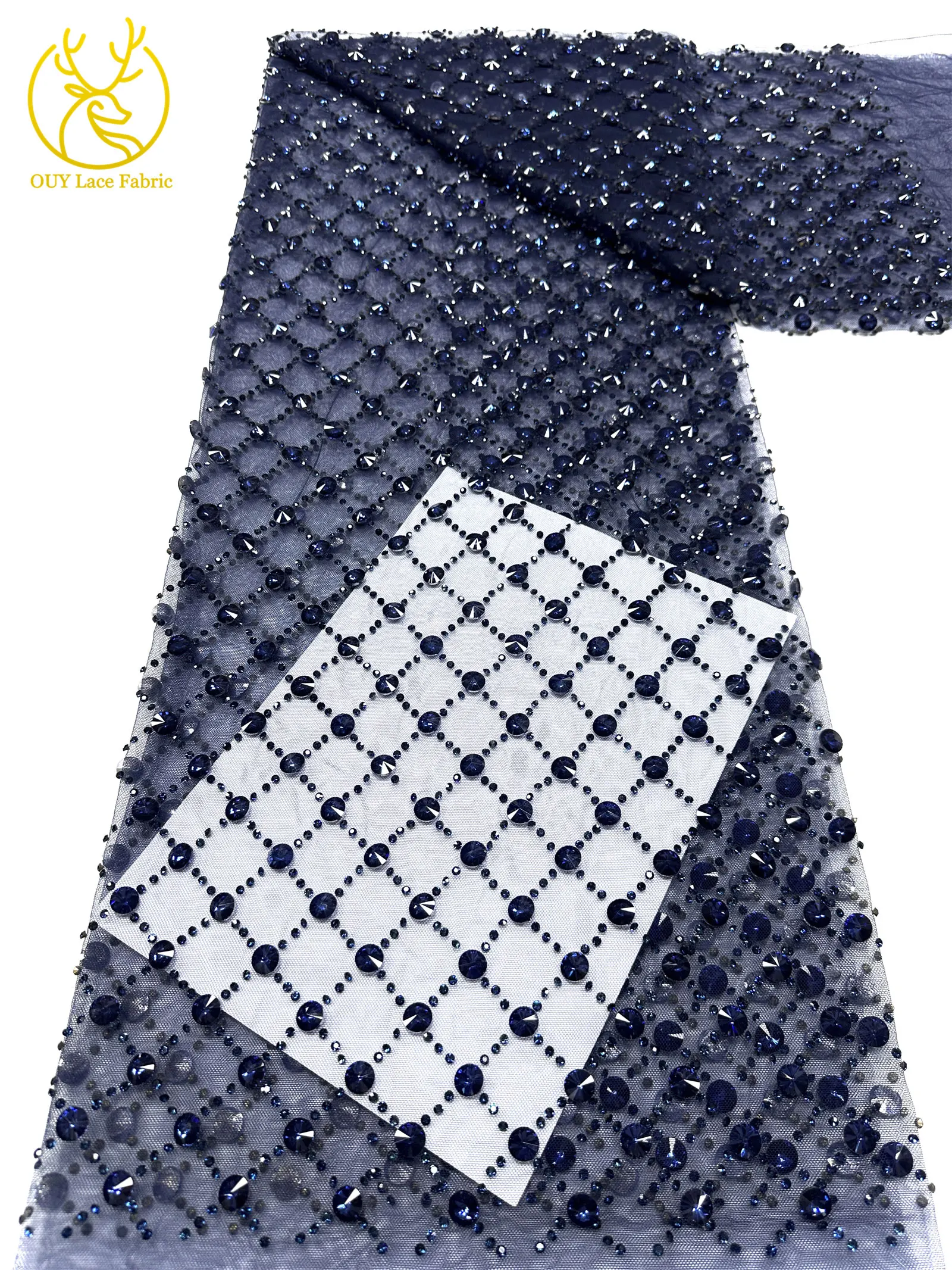 Hochwertiger, maßgefertigter, luxuriöser, handgefertigter Diamant-Mesh-Spitzenstoff 2026 – Afrikanischer Spitzenstoff, nigerianischer Stein-Tüll-Spitzenstoff für Partykleider zum Nähen – Detail 16