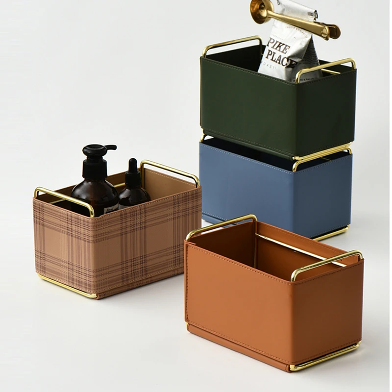 Art Leather Electroplating Rectangular Storage  Cosmetic Remote Desktop Debris Basket