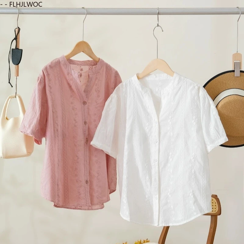 Hauts en coton chemisiers Mori filles FLHJLWOC Design femme japon Style mignon doux manches courtes bouton chemises rétro Vintage hauts