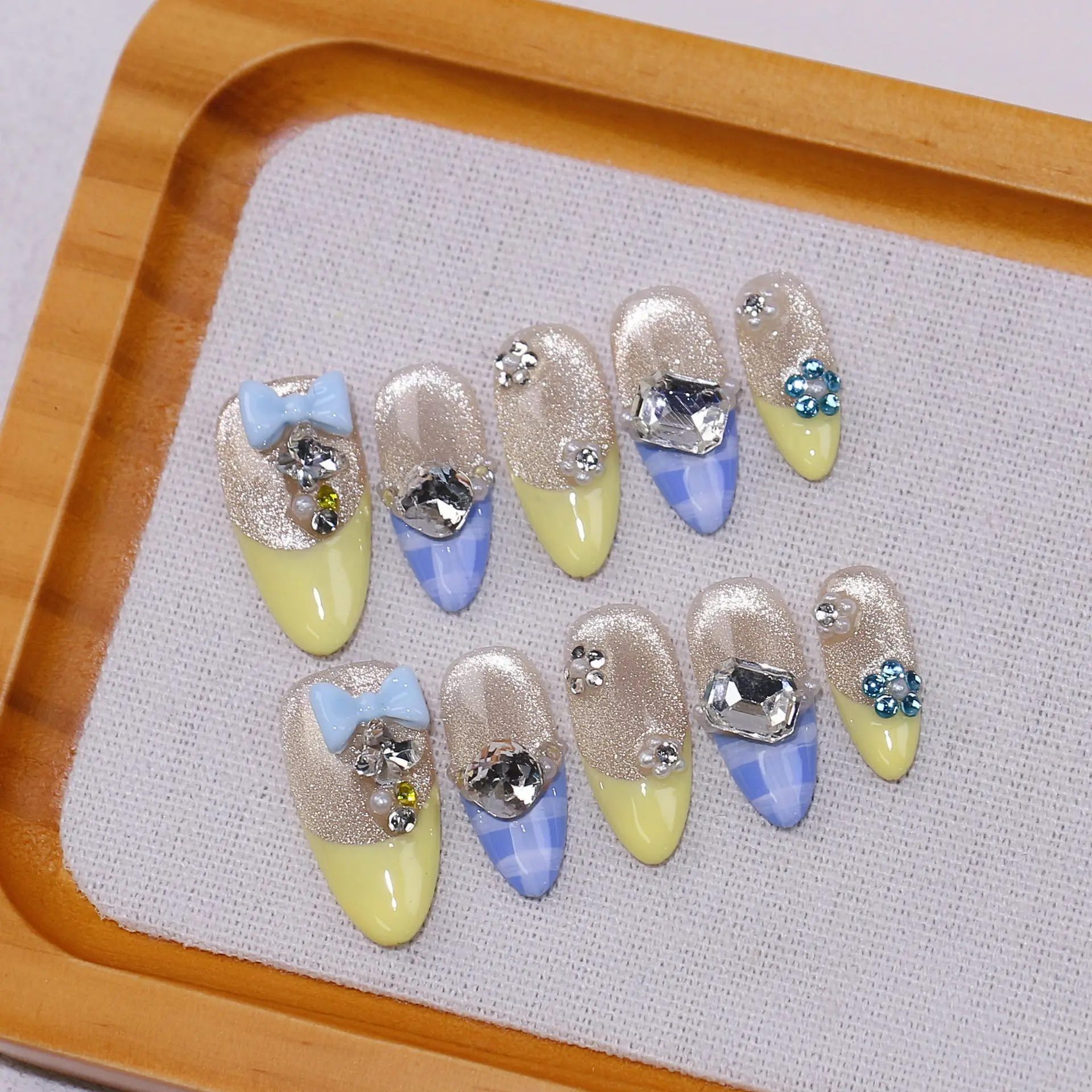 

10Pcs Yellow Shiny Cat Eye with Blue checkered pattern Handmade Nails French Blue 3D Bow Tie Almond Nail Tools Removable Acry