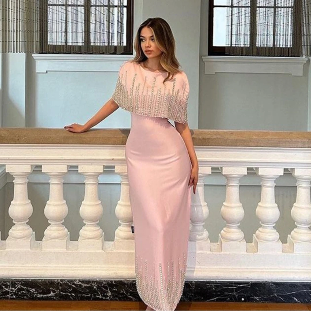 Customized Ankle Length Prom Dresses Beading Wraps Zipper Lace Up Back Slit Sexy Party Evening Gowns Saudi Arabia Women Wear