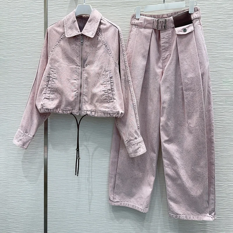 

High quality women's Pink Cowboy Two Piece Sets with Collar Rope Waist Jacket coat and Pants fashionable 251206153