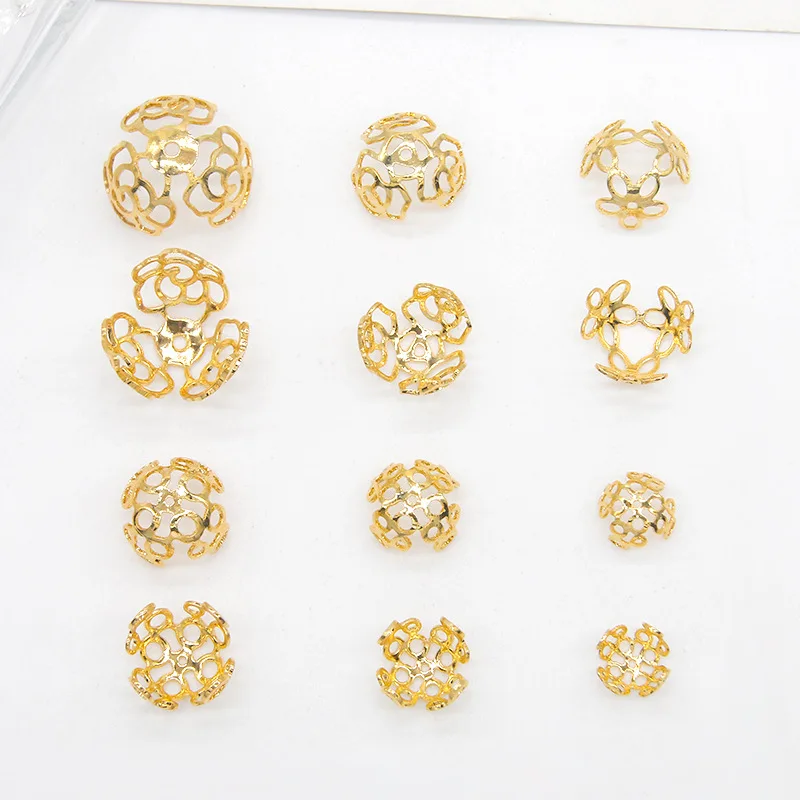 Lucky Chinese Style 18k Gold Plated Copper 14k Gold Filled Hollow Three Leaf Flower Bead Caps Spacers For Diy Jewelry Making For
