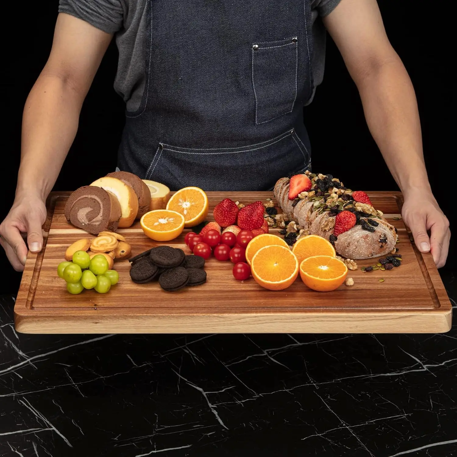 Extra Large Acacia Wood Cutting Board Thick Butcher Block Chopping Board with Side Handles for Meat Vegetables Fruit