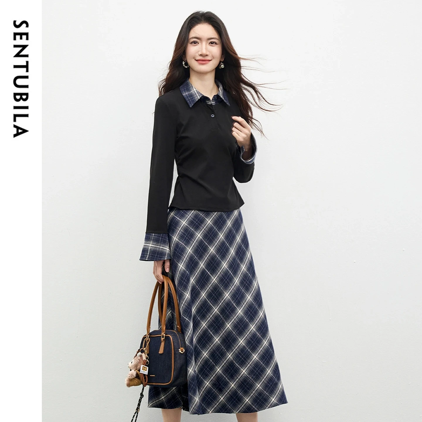 

SENTUBILA Women's Skirt Sets 2026 Spring Outfits Contrast Knitted Tops A Line Plaid Skirt Office Lady 2 Piece Set 161ZC5010