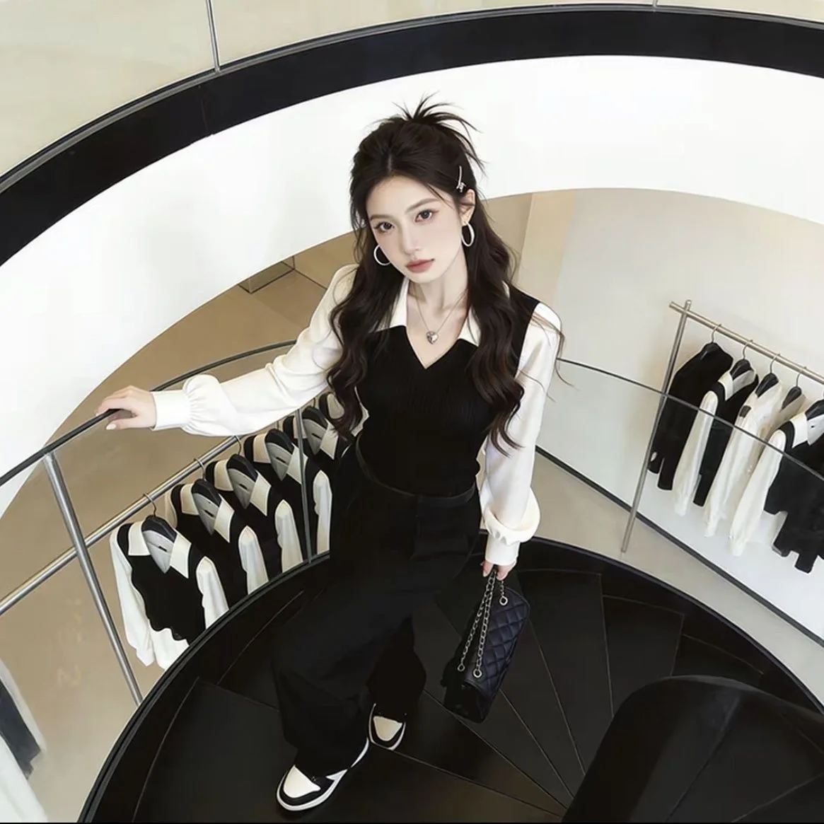 

Spring 2026 New Style Casual Color Block Shirt Simple Collar Long Sleeve Women's Fashion Warm Polyester Fabric Commute S...