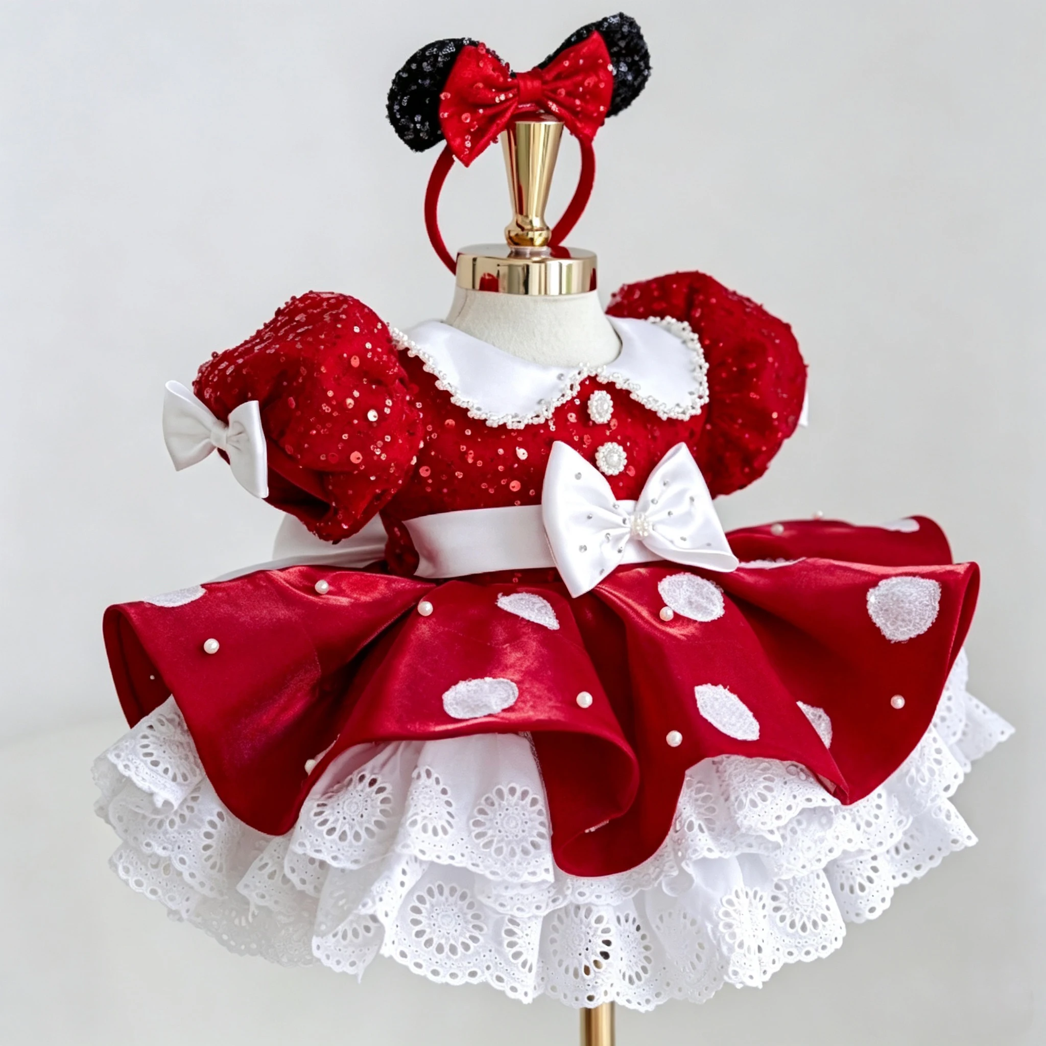 Summer Baby Girl Cosplay Costume Dress Red Sequin Satin Princess Dress With Headband for Kids Birthday Party Christmas Eid B645