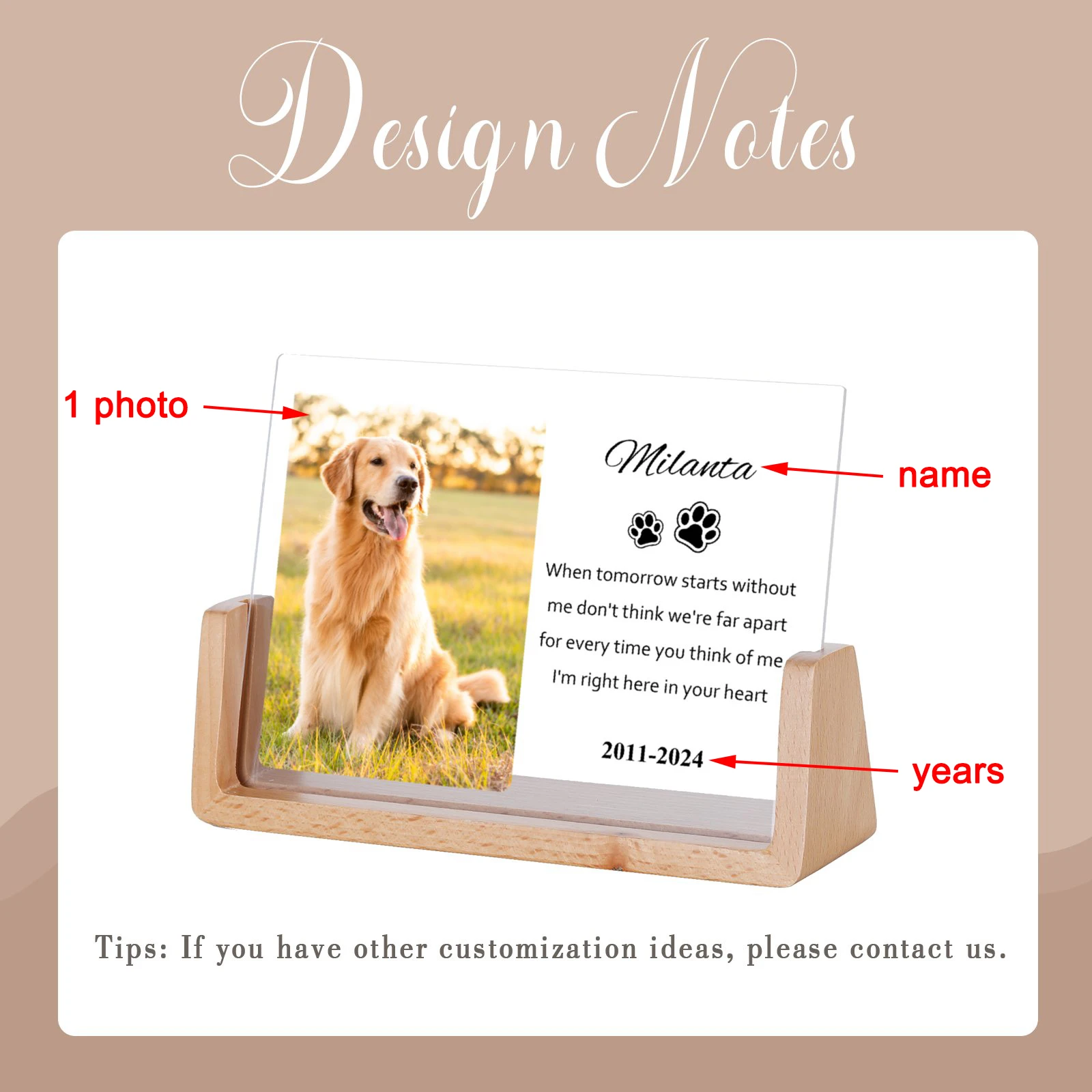 Personalized Dog Picture Frame Pet Memorial Gift for Loss of Dog Custom Photo Frames with Walnut Wood Base Dogs Owner Gifts