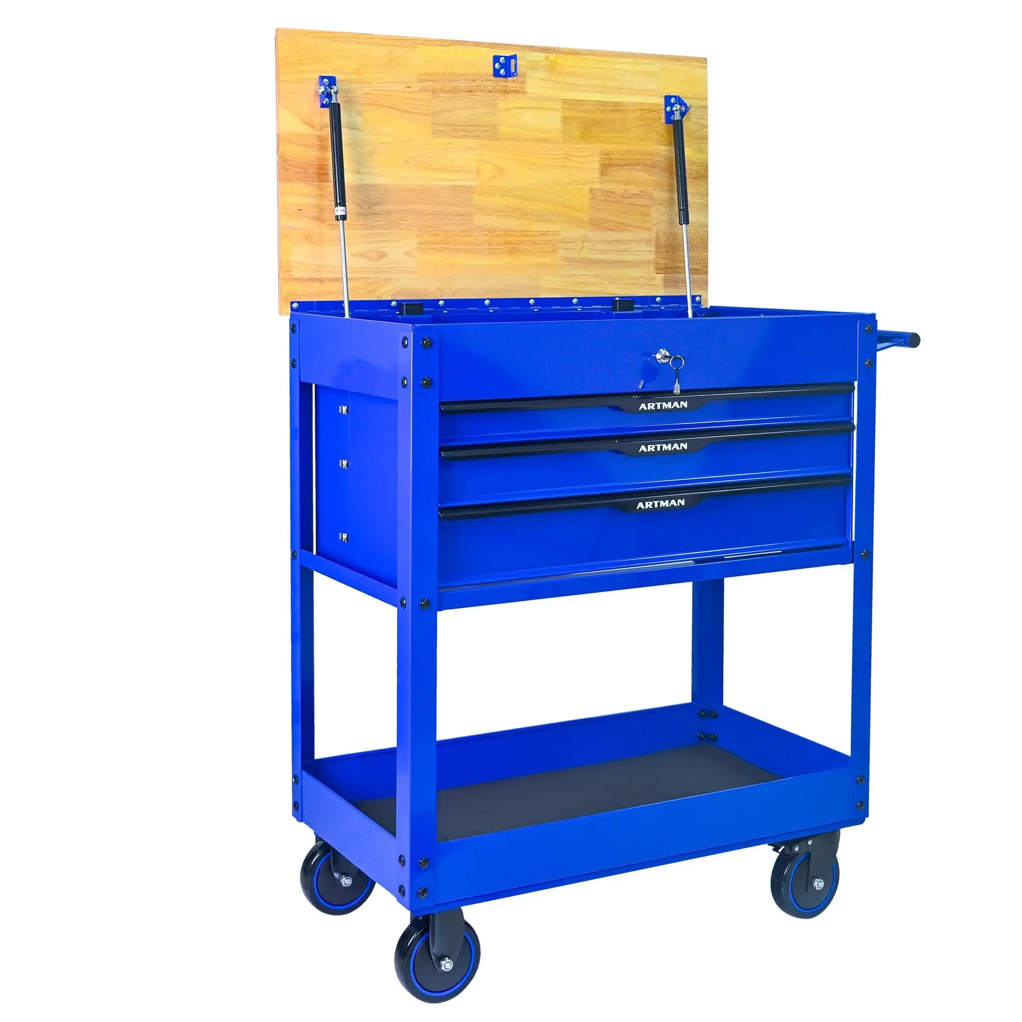 3-Drawer Rolling Tool Cart with Lift-Up Wooden Top, Heavy Duty Mobile Tool Cabinet with Secure Lock and Wheels