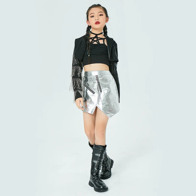 Kleidung Bühne Outfit Kinder moderne Street Dance tragen Jazz Kostüm Fransen jacke Silber Rock Mädchen Hip Hop Leistung