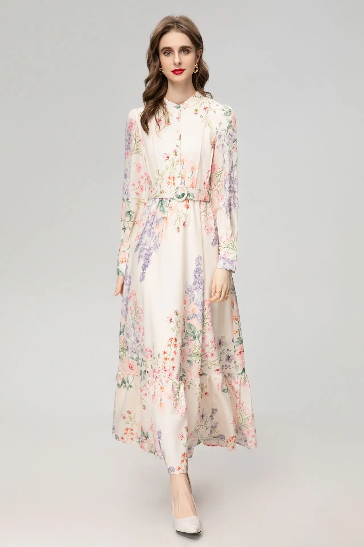 Spring Gorgeous Flower Flowy Chiffon Vacation Long Dress Women Stand Collar Lantern Sleeve Single Breasted Print Belt Loose Robe