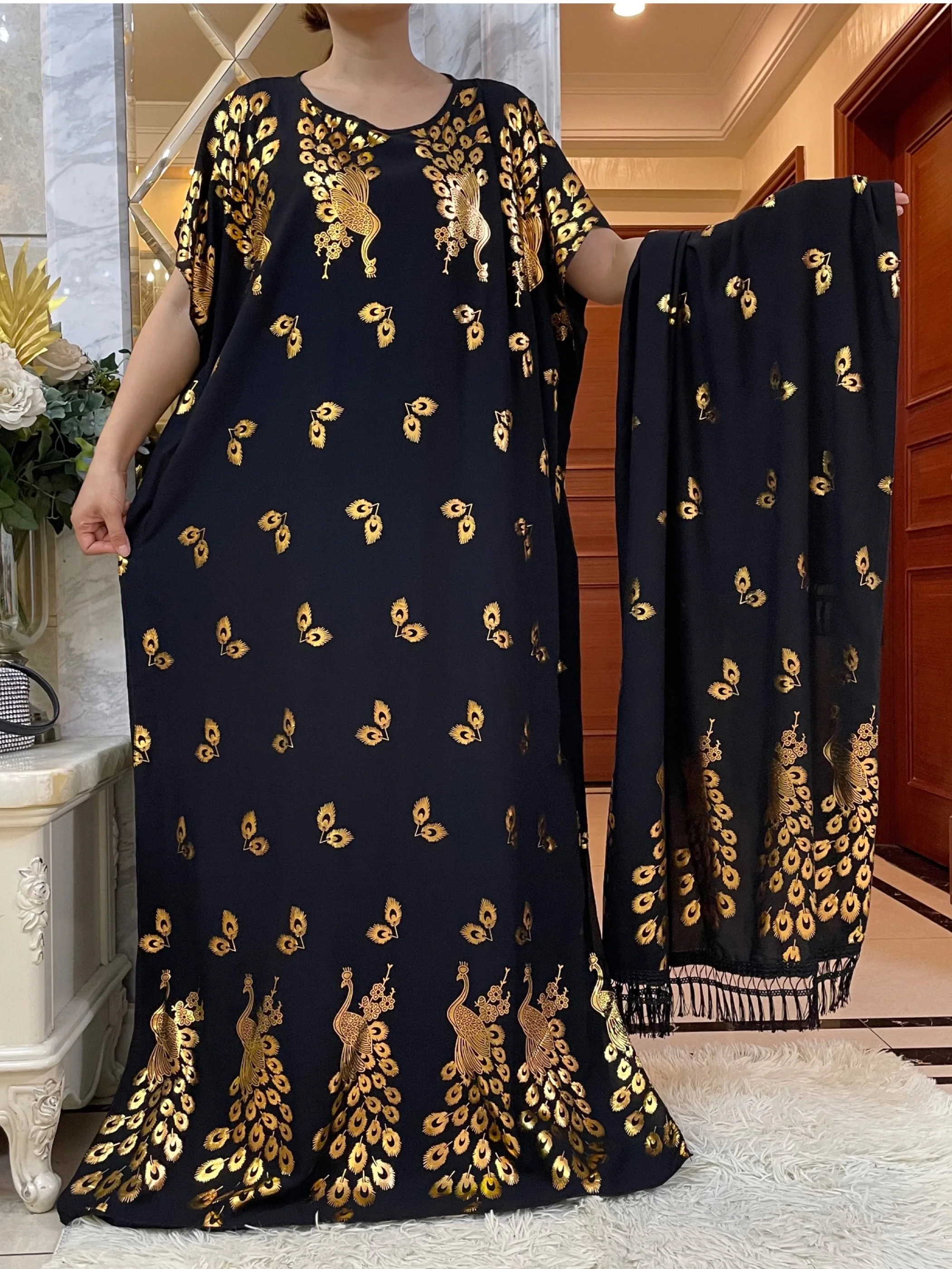 2024 New Summer Loose Short Sleeve Cotton Robe Gold Stamping Boubou Maxi Islam Femme Dress With Big Scarf African Abaya Clothes