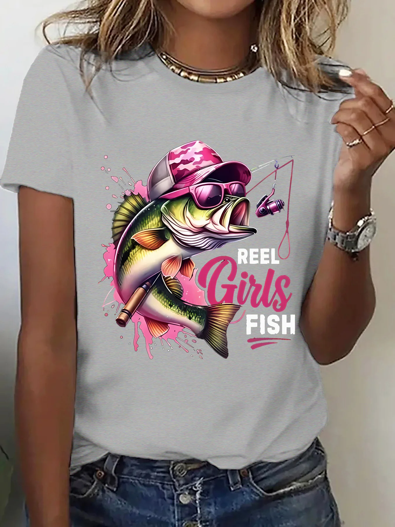 Ladies' T-shirt Pink Cool Fishing Fun Personalized Fishing Pattern Beautiful Ladies Round Neck Casual Comfortable Short Sleeve