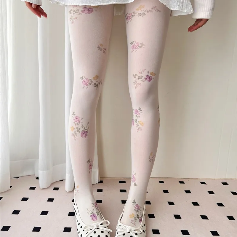 

French Retro Women's Velvet Pantyhose with Contrasting Floral Print Comfortable Thin Hottie Tights for Ladies