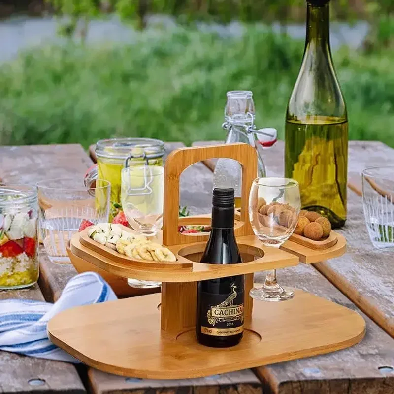 Portable Outdoor Detachable Wine Picnic Table Wooden Snack Table Wine Holder Beach Camping Picnic Wine Table Fruit Snack Tray