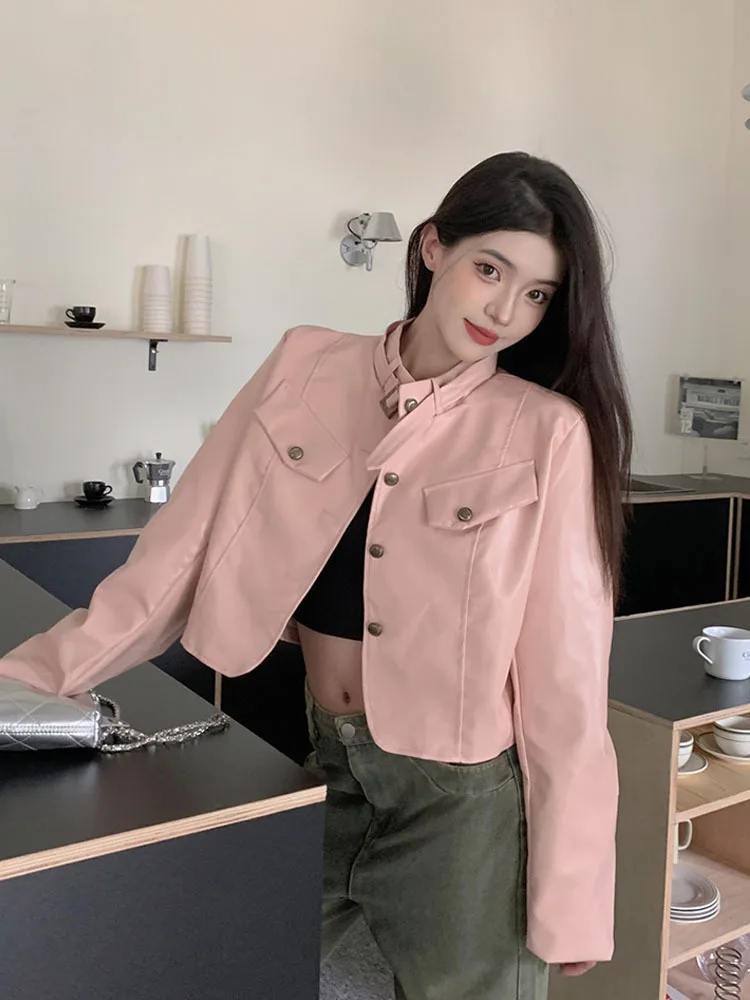 Spring 90s Vintage Long Sleeves Leather Cropped Jacket for Women Coat Solid Pink Windbreaker Korean Fashion Y2k Autumn Outer