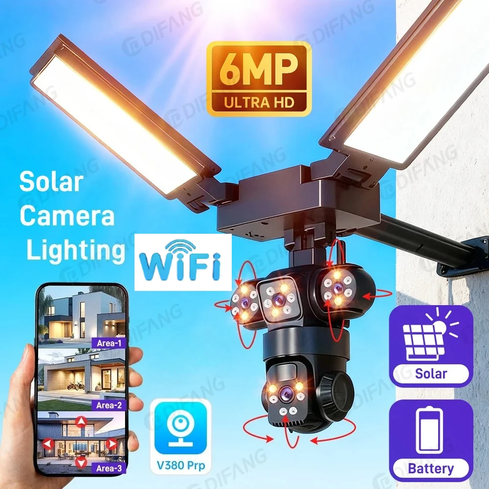 

Wireless Solar Camera Lighting 4G/LTE 3 Lens 3 Screen Solar Camera Auto Tracking 360°Battery Siren Alarm V380 Pro CCTV Outdoor