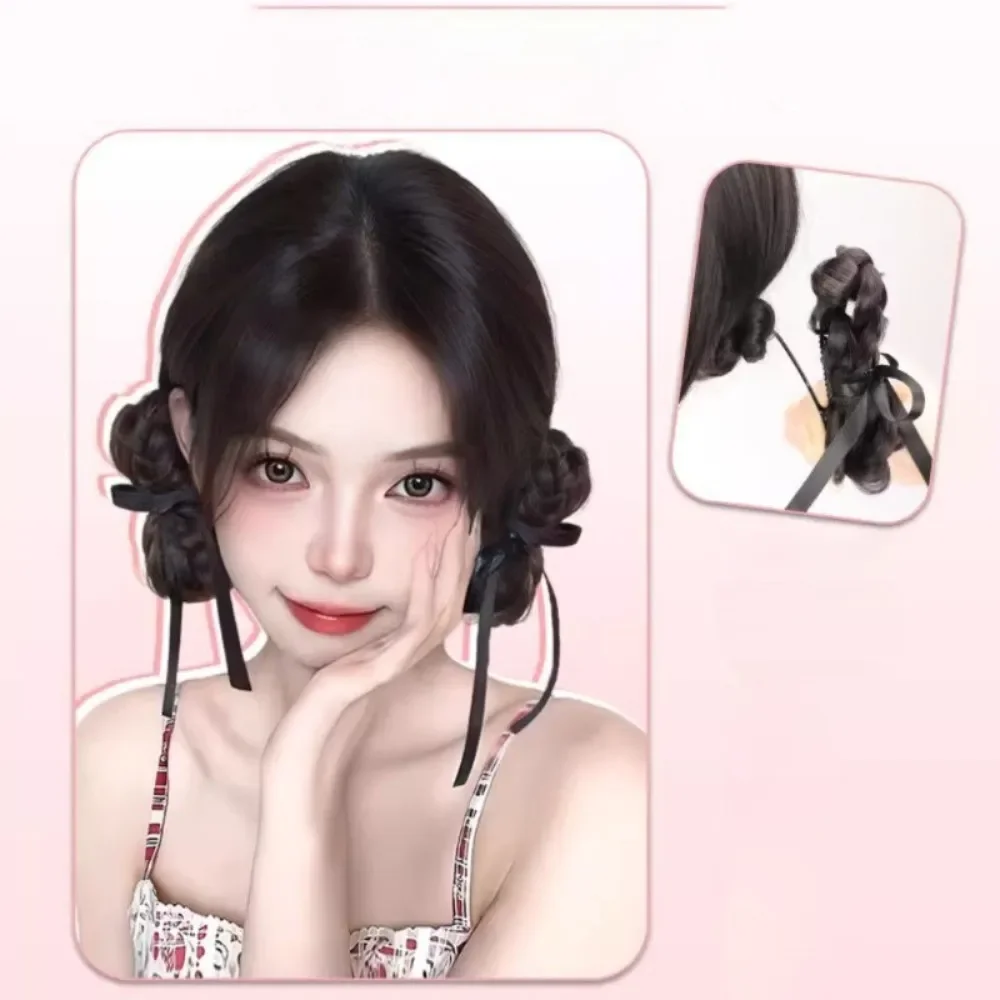 1 Pasang Wig Rambut Sanggul Sayang Pita Sanggul Sintetis Wig Sanggul Rambut Kepang Dasi Anak Perempuan