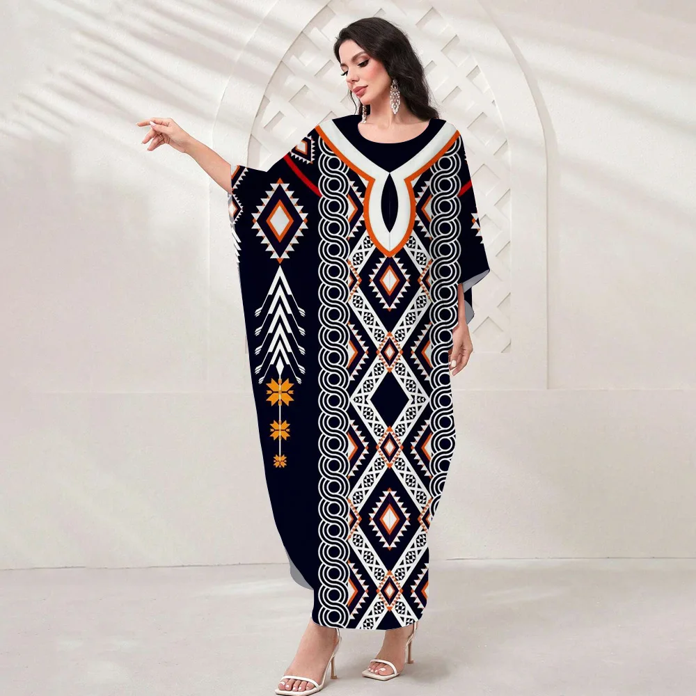 Vintage Ethnic Print Abaya Women Dubai Turkey Batwing Sleeve Kaftan Muslim Dresses Casual Femme Islam Clothing Moroccan Robe