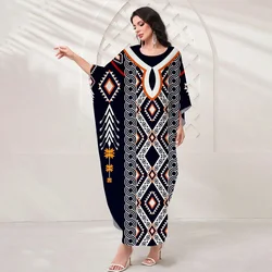 Vintage Ethnic Print Abaya Women Dubai Turkey Batwing Sleeve Kaftan Muslim Dresses Casual Femme Islam Clothing Moroccan Robe