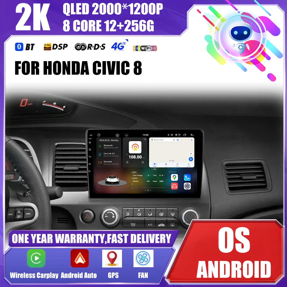 

Android Auto Radio For Honda Civic 8 2005-2012 Carplay Wifi Car Multimedia GPS Vadio Player 4G LTE Accessory GPS Navigation