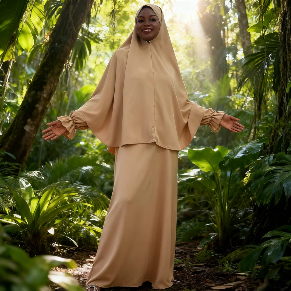 

2 Piece Set Women Muslim Hooded Djellaba Dress Islam Prayer Garment Clothes Khimar Caftan Hijab Abaya Kaftan Robe Eid Ramadan