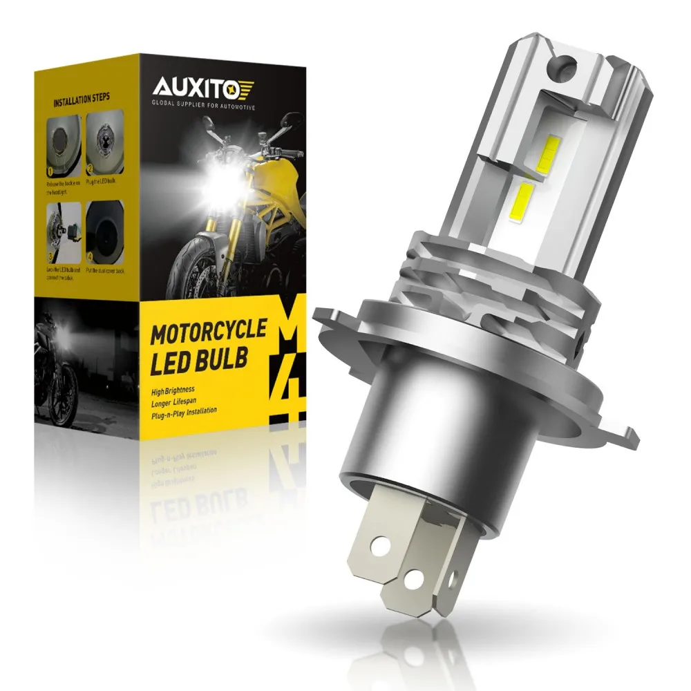 1Pcs AUXITO Fanless H4 Motorcycle LED Headlight Bulb H4 HB3 LED Moto Light High Low Beam Wireless 1:1 Size LED Bulbs Plug & Play