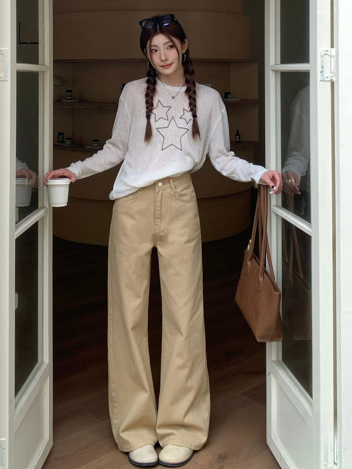 Khaki High Waist Straight Leg Jeans Women's Loose Fitting Slimming Wide Leg Floor Length Pants Summer New Arrival