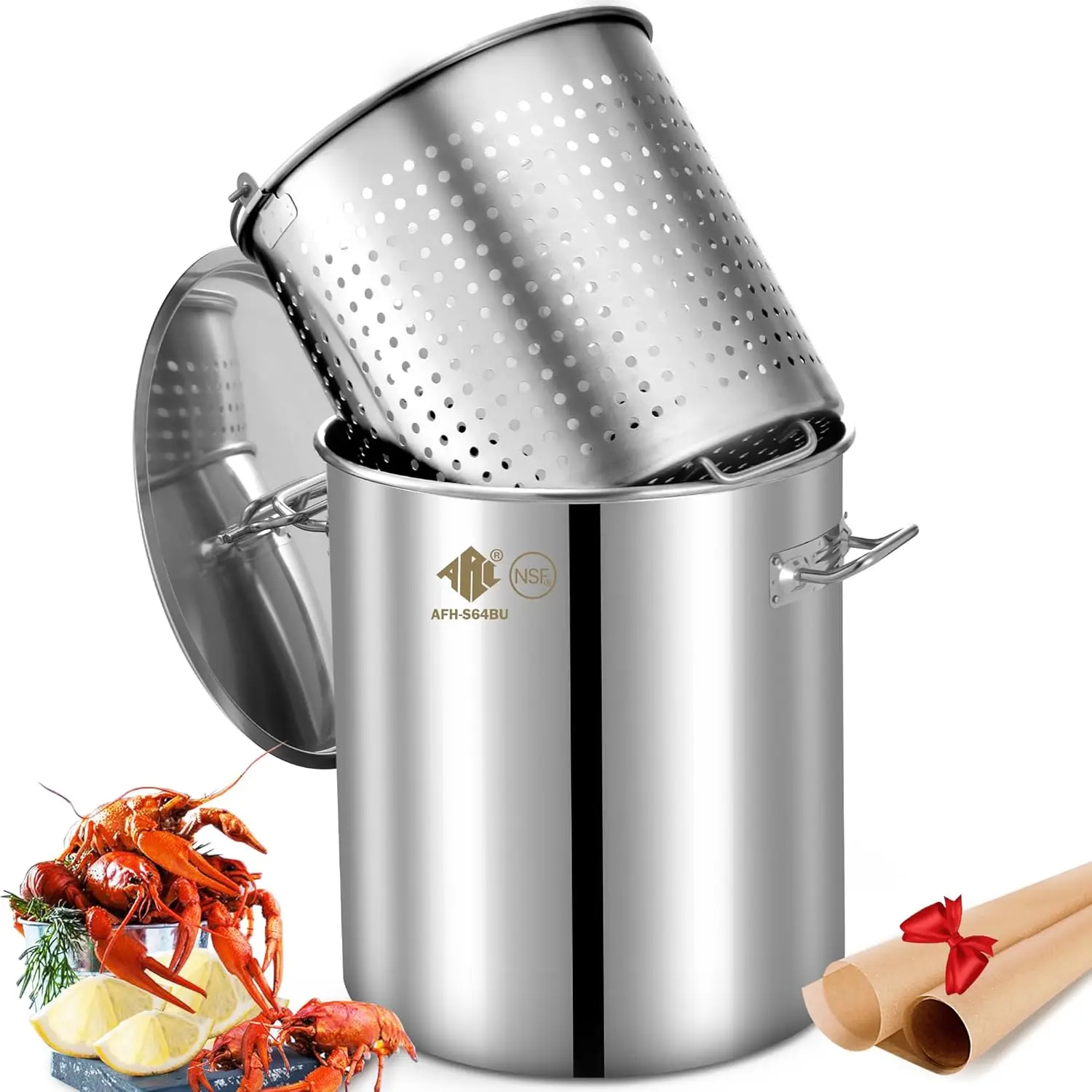 

Stainless Steel Seafood Boil Pot with Basket and Two Brown Paper, Crawfish, Crab, Lobster, Shrimp Boil Stock Pot