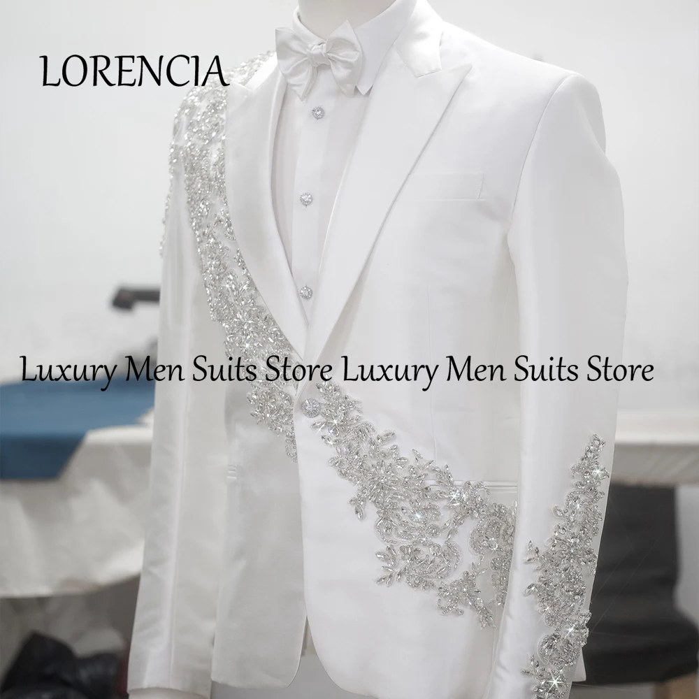 

Formal Crystal Men Suits 2 Pieces Peak Label Tuxedos Wedding Groom Blazer Sparkling Diamond Customized Jacket Pants ropa hombre