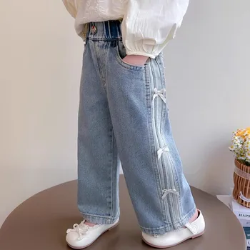 Baby Girls Spring Jeans Kids Summer Bow Denim Pants Children's Straight Wide-leg Trousers Toddler Autumn Loose Clothing 2-8Y 4